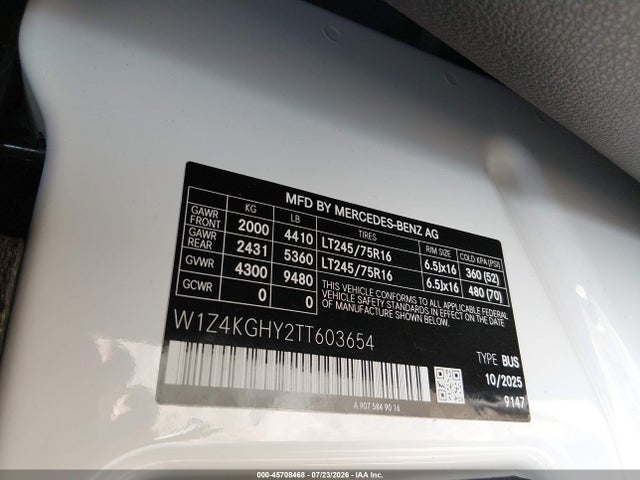 Продажа на аукционе авто 2026 Mercedes-benz Sprinter 2500 High Roof 4-cyl Diesel, vin: W1Z4KGHY2TT603654, номер лота: 45708468