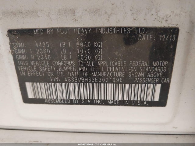 45708469 :رقم المزاد ، 4S3BMBH63E3021996 vin ، 2014 Subaru Legacy 2.5 I Sport مزاد بيع