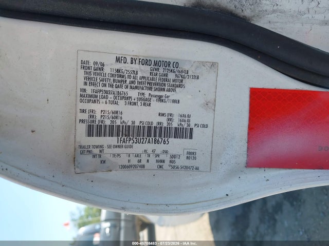 Продажа на аукционе авто 2007 Ford Taurus Se, vin: 1FAFP53U27A186765, номер лота: 45708483