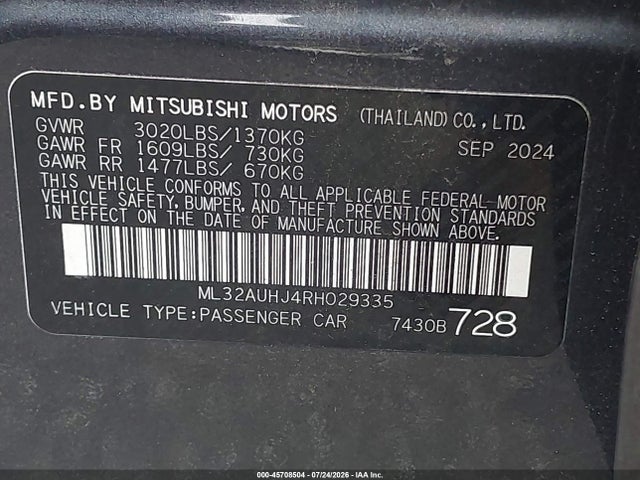 Aukcja sprzedaży 2024 Mitsubishi Mirage Es/le, vin: ML32AUHJ4RH029335, numer aukcji: 45708504