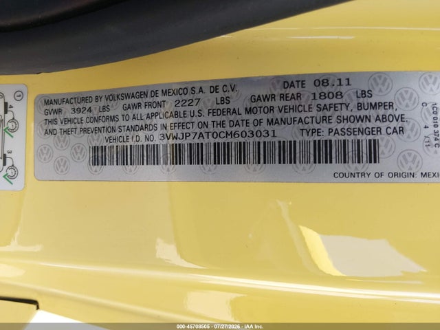 Aukcja sprzedaży 2012 Volkswagen Beetle 2.5l, vin: 3VWJP7AT0CM603031, numer aukcji: 45708505