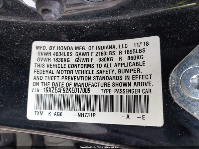 45708511 :رقم المزاد ، 19XZE4F92KE017009 vin ، 2019 Honda Insight Touring مزاد بيع
