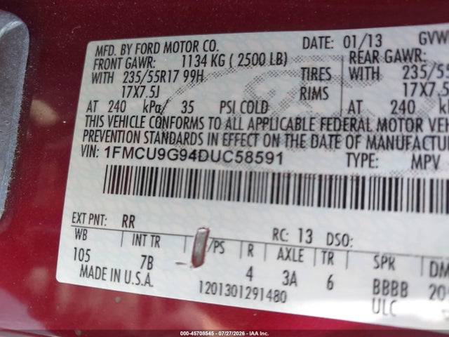 2013 Ford Escape Se მანქანა იყიდება აუქციონზე, vin: 1FMCU9G94DUC58591, აუქციონის ნომერი: 45708545