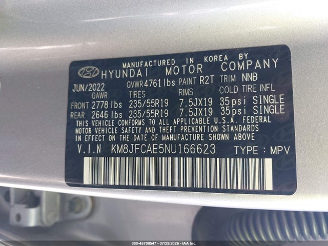 Продажа на аукционе авто 2022 Hyundai Tucson Xrt, vin: KM8JFCAE5NU166623, номер лота: 45708547