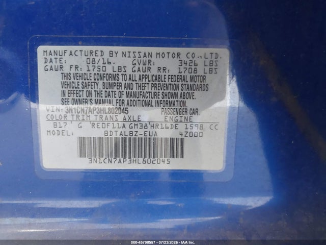 Продаж на аукціоні авто 2017 Nissan Versa 1.6 Sv, vin: 3N1CN7AP3HL802045, номер лоту: 45708557