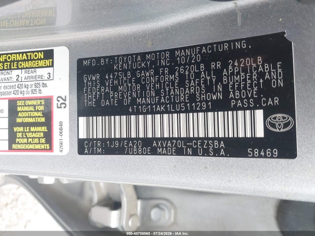 45708560 :رقم المزاد ، 4T1G11AK1LU511291 vin ، 2020 Toyota Camry Se مزاد بيع