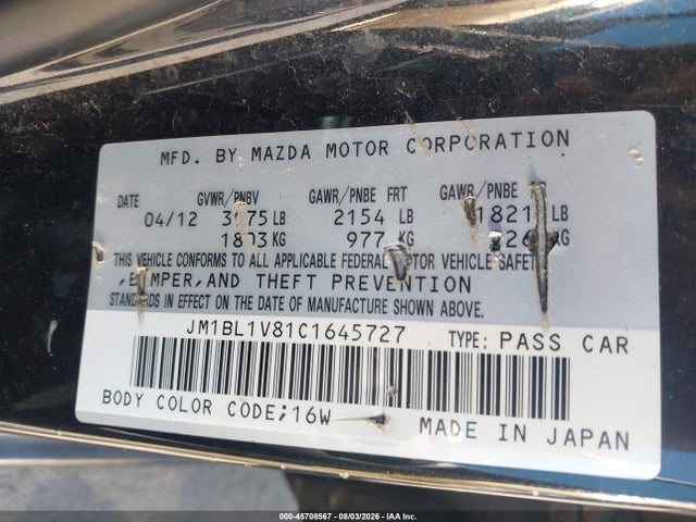 Aukcja sprzedaży 2012 Mazda Mazda3 I Touring, vin: JM1BL1V81C1645727, numer aukcji: 45708567