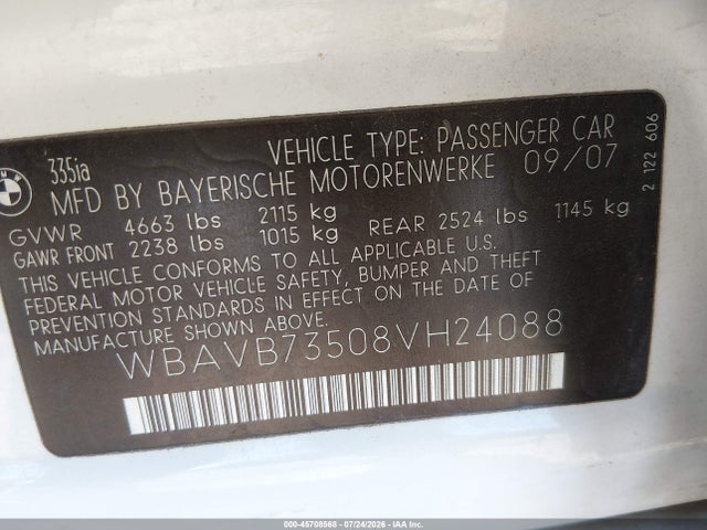 Aukcja sprzedaży 2008 Bmw 335i, vin: WBAVB73508VH24088, numer aukcji: 45708568