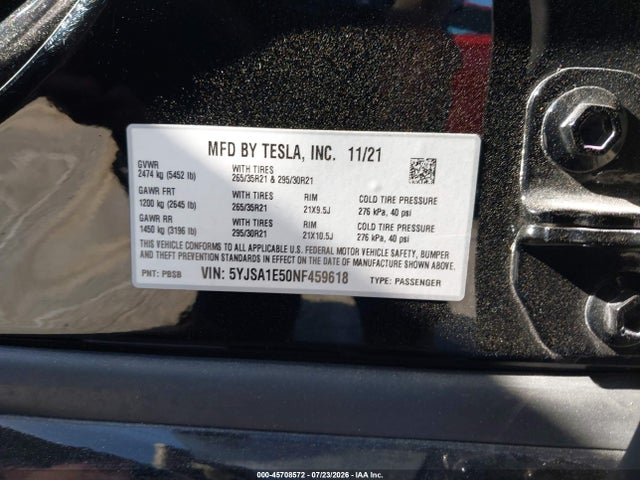 5YJSA1E50NF459618 Tesla Model S Dual Motor All-wheel Drive