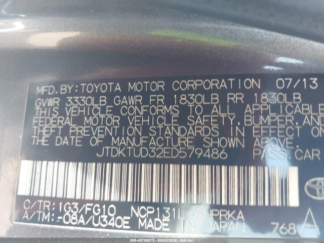 JTDKTUD32ED579486 Toyota Yaris Le (tmc/cbu Plant)