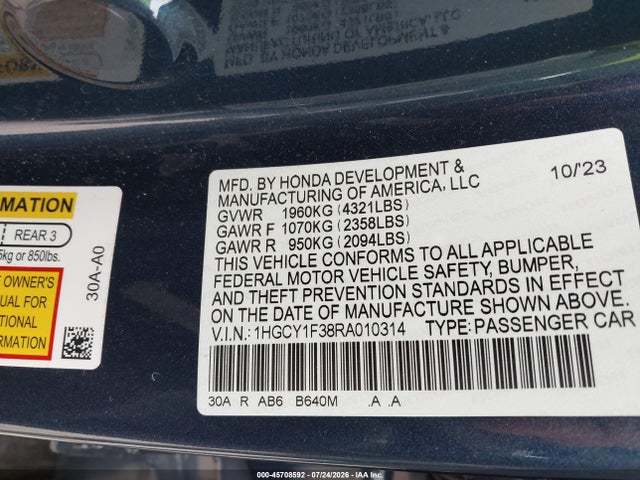 2024 Honda Accord Ex მანქანა იყიდება აუქციონზე, vin: 1HGCY1F38RA010314, აუქციონის ნომერი: 45708592
