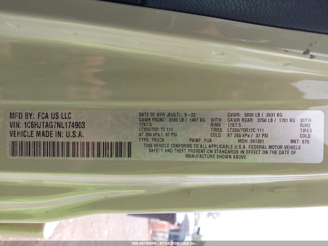 Продаж на аукціоні авто 2022 Jeep Gladiator Willys 4x4, vin: 1C6HJTAG7NL174903, номер лоту: 45708595