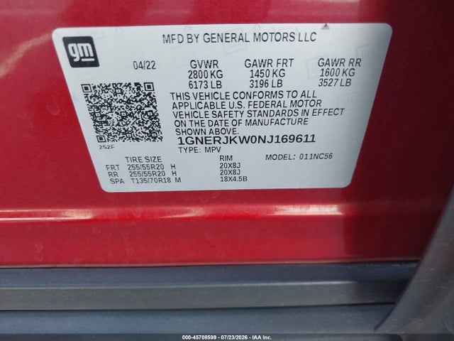 Продажа на аукционе авто 2022 Chevrolet Traverse Fwd Rs, vin: 1GNERJKW0NJ169611, номер лота: 45708599
