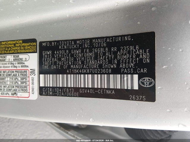 2007 Toyota Camry Le V6 მანქანა იყიდება აუქციონზე, vin: 4T1BK46K87U023608, აუქციონის ნომერი: 45708609