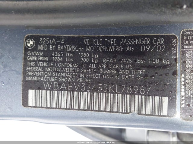 2003 Bmw 325i მანქანა იყიდება აუქციონზე, vin: WBAEV33433KL78987, აუქციონის ნომერი: 45708630
