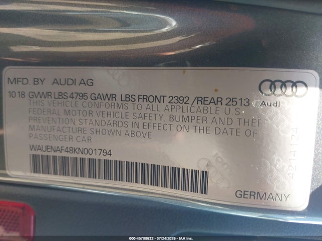 45708632 :رقم المزاد ، WAUENAF48KN001794 vin ، 2019 Audi A4 45 Premium مزاد بيع
