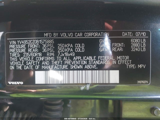 2011 Volvo Xc90 3.2 მანქანა იყიდება აუქციონზე, vin: YV4952CZ0B1575885, აუქციონის ნომერი: 45708640
