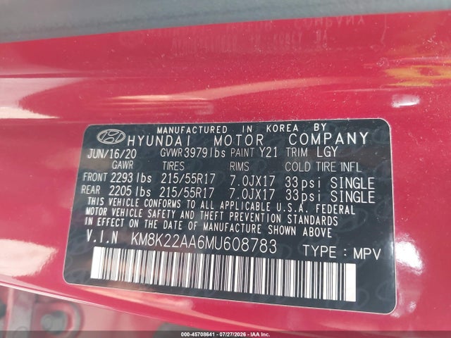 45708641 :رقم المزاد ، KM8K22AA6MU608783 vin ، 2021 Hyundai Kona Sel مزاد بيع