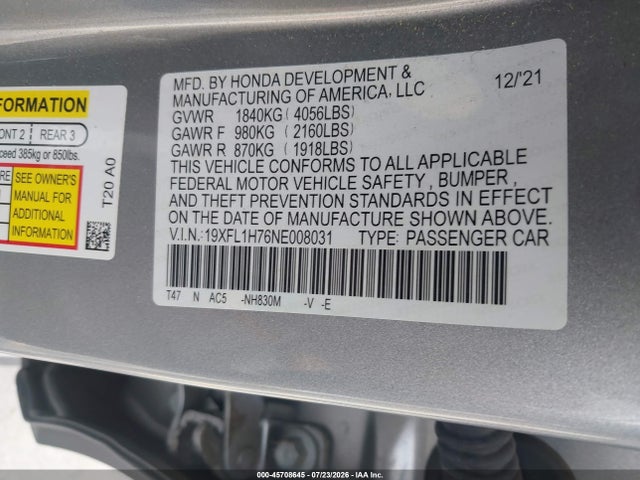 19XFL1H76NE008031 Honda Civic Ex-l