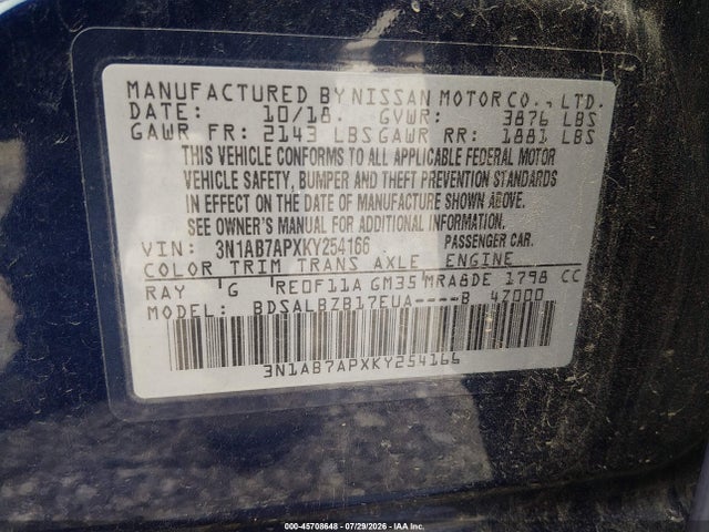 Продаж на аукціоні авто 2019 Nissan Sentra S, vin: 3N1AB7APXKY254166, номер лоту: 45708648