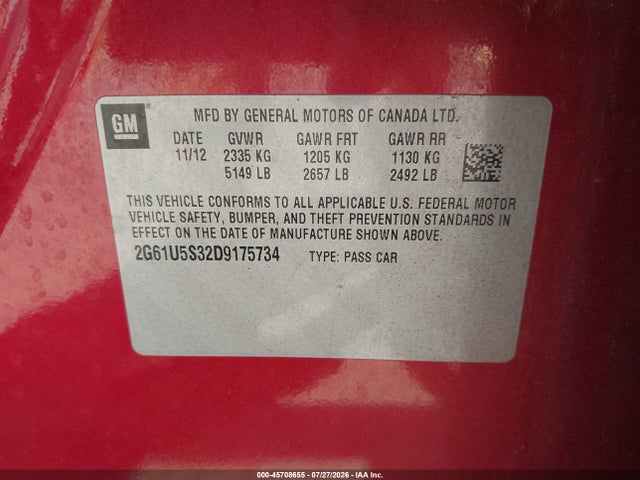 45708655 :رقم المزاد ، 2G61U5S32D9175734 vin ، 2013 Cadillac Xts Platinum مزاد بيع