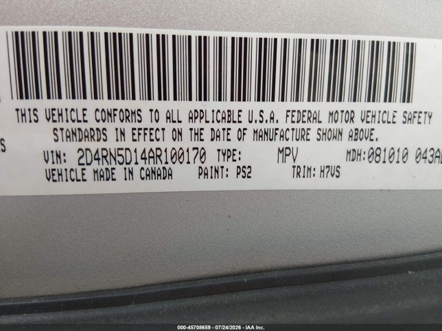 45708659 :رقم المزاد ، 2D4RN5D14AR100170 vin ، 2010 Dodge Grand Caravan Sxt مزاد بيع