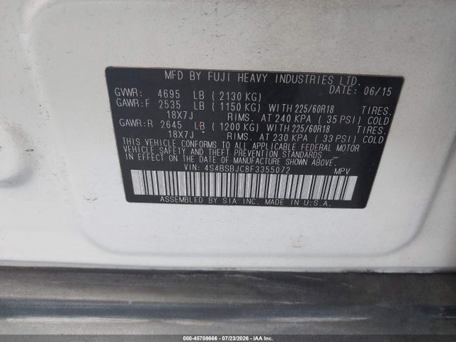 Aukcja sprzedaży 2015 Subaru Outback 2.5i Limited, vin: 4S4BSBJC8F3355072, numer aukcji: 45708666