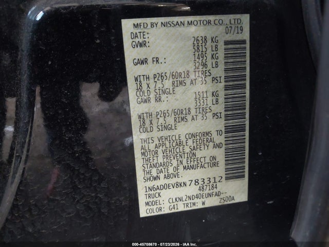 45708670 :رقم المزاد ، 1N6AD0EV8KN783312 vin ، 2019 Nissan Frontier Sv مزاد بيع