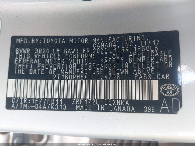Toyota COROLLA LE 2018 2T1BURHE8JC024796 Image 9