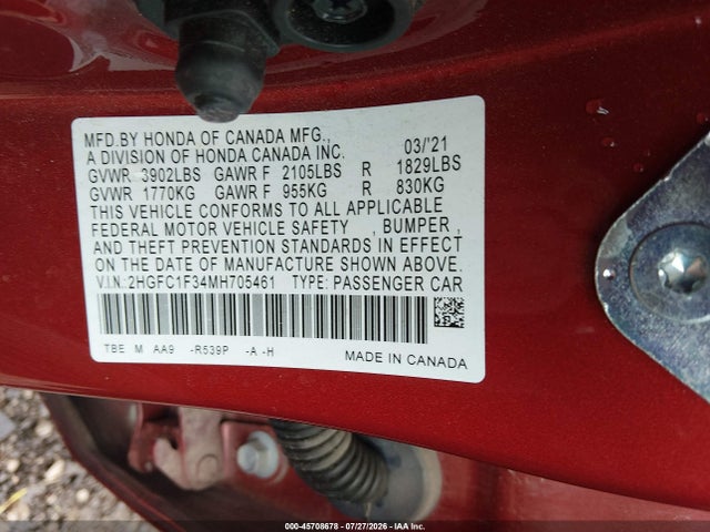Aukcja sprzedaży 2021 Honda Civic Ex, vin: 2HGFC1F34MH705461, numer aukcji: 45708678