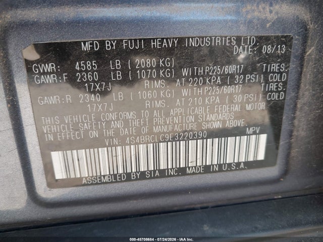 45708684 :رقم المزاد ، 4S4BRCLC9E3220390 vin ، 2014 Subaru Outback 2.5i Limited مزاد بيع