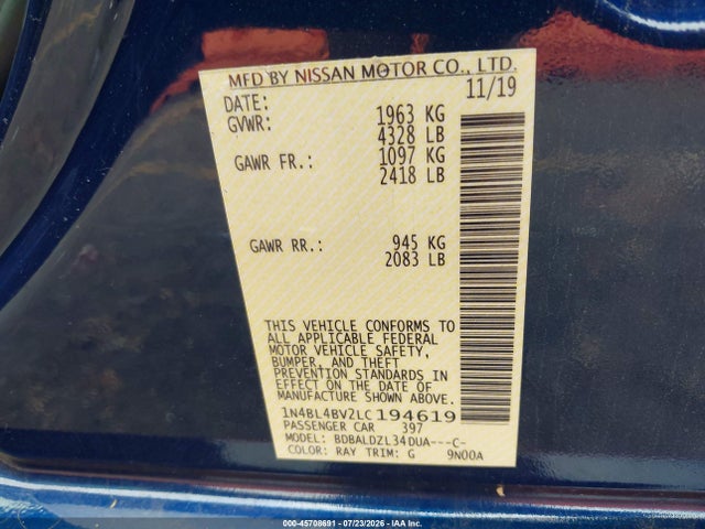45708691 :رقم المزاد ، 1N4BL4BV2LC194619 vin ، 2020 Nissan Altima S Fwd مزاد بيع