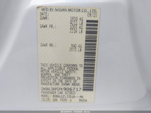 1N4AL3AP1FN906717 Nissan Altima 2.5 S