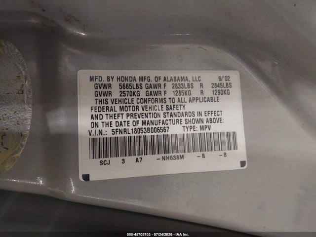 Продаж на аукціоні авто 2003 Honda Odyssey Ex-l, vin: 5FNRL18053B006567, номер лоту: 45708703