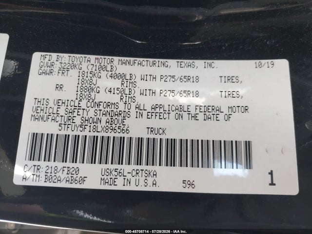 45708714 :رقم المزاد ، 5TFUY5F18LX896566 vin ، 2020 Toyota Tundra Sr5 مزاد بيع