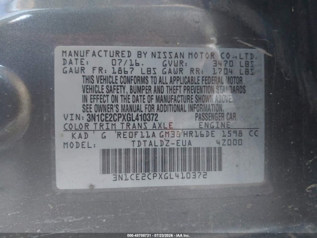 3N1CE2CPXGL410372 Nissan Versa Note Sv