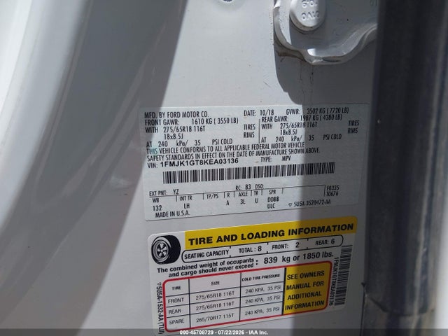 Продаж на аукціоні авто 2019 Ford Expedition Max Xl, vin: 1FMJK1GT8KEA03136, номер лоту: 45708729