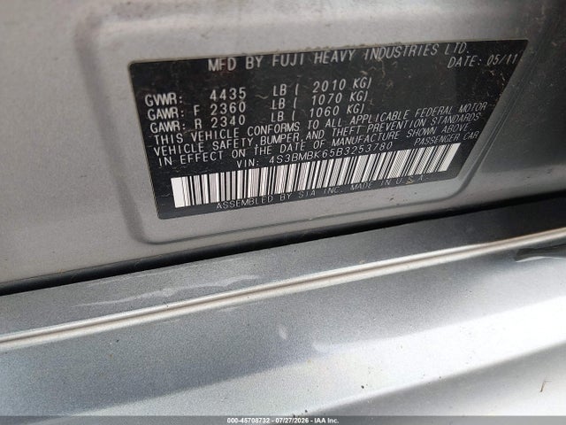 2011 Subaru Legacy 2.5i Limited მანქანა იყიდება აუქციონზე, vin: 4S3BMBK65B3253780, აუქციონის ნომერი: 45708732