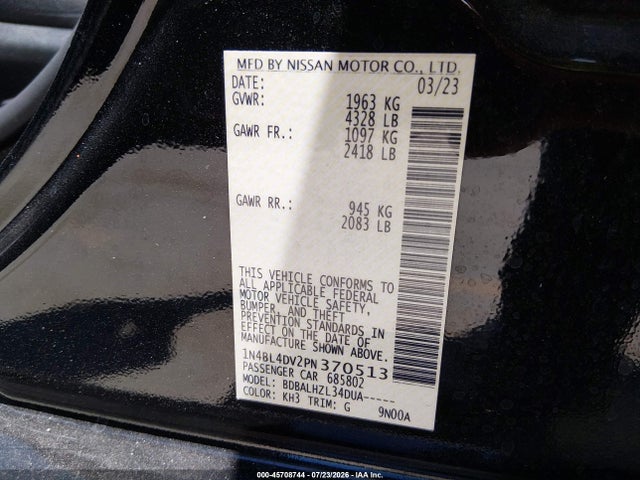 Продаж на аукціоні авто 2023 Nissan Altima Sv Fwd, vin: 1N4BL4DV2PN370513, номер лоту: 45708744