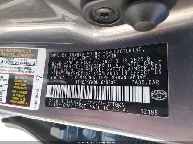 Aukcja sprzedaży 2017 Toyota Camry Xle, vin: 4T1BF1FK8HU619399, numer aukcji: 45708745