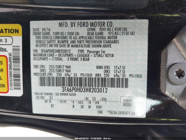2017 Ford Fusion Se მანქანა იყიდება აუქციონზე, vin: 3FA6P0HD3HR203012, აუქციონის ნომერი: 45708752