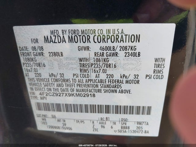 Продажа на аукционе авто 2009 Mazda Tribute I Sport, vin: 4F2CZ927X9KM02918, номер лота: 45708754