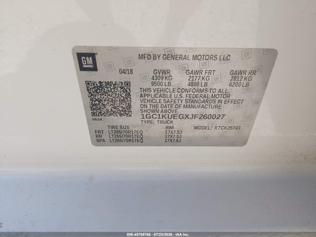 2018 Chevrolet Silverado 2500hd Wt მანქანა იყიდება აუქციონზე, vin: 1GC1KUEGXJF260027, აუქციონის ნომერი: 45708768