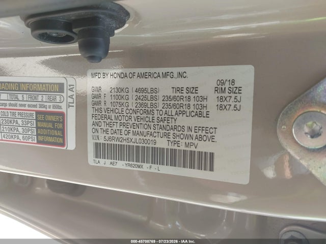 Продаж на аукціоні авто 2018 Honda Cr-v Ex, vin: 5J6RW2H5XJL030019, номер лоту: 45708769