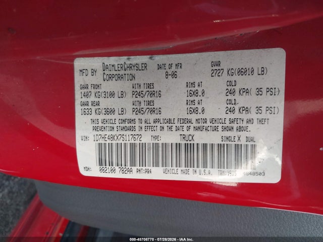 Продажа на аукционе авто 2007 Dodge Dakota Slt, vin: 1D7HE48KX7S117672, номер лота: 45708770
