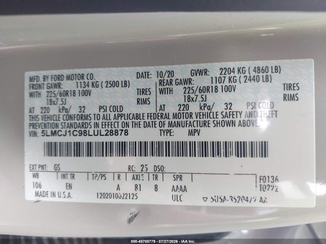 2020 Lincoln Corsair Standard მანქანა იყიდება აუქციონზე, vin: 5LMCJ1C98LUL28878, აუქციონის ნომერი: 45708779