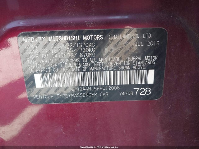 Продаж на аукціоні авто 2017 Mitsubishi Mirage Se, vin: ML32A4HJ5HH012008, номер лоту: 45708782