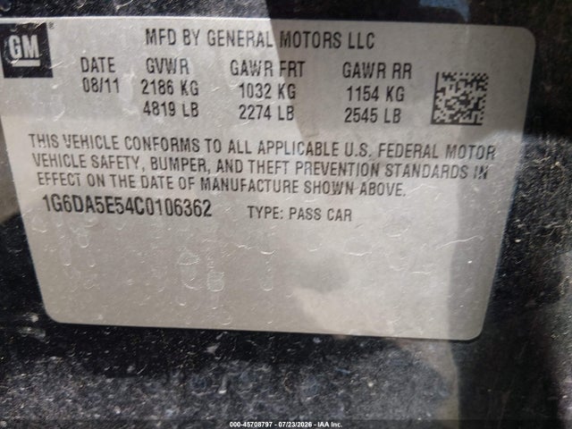 45708797 :رقم المزاد ، 1G6DA5E54C0106362 vin ، 2012 Cadillac Cts Standard مزاد بيع