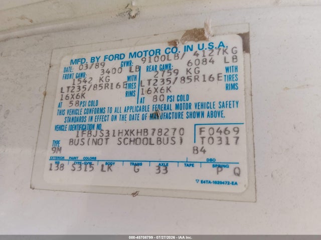 45708799 :رقم المزاد ، 1FBJS31HXKHB78270 vin ، 1989 Ford Econoline E350 Super Duty مزاد بيع