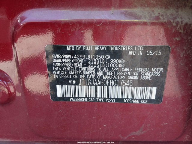 2015 Subaru Impreza 2.0i მანქანა იყიდება აუქციონზე, vin: JF1GJAA60FH017546, აუქციონის ნომერი: 45708805